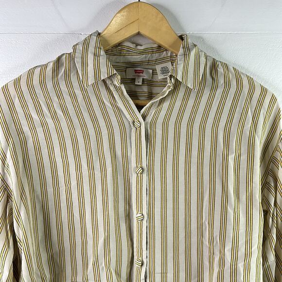 LEVI'S Tan Yellow Vertical Striped Button Up 3/4 Sleeve Blouse Top Shirt Size S - Picture 7 of 12